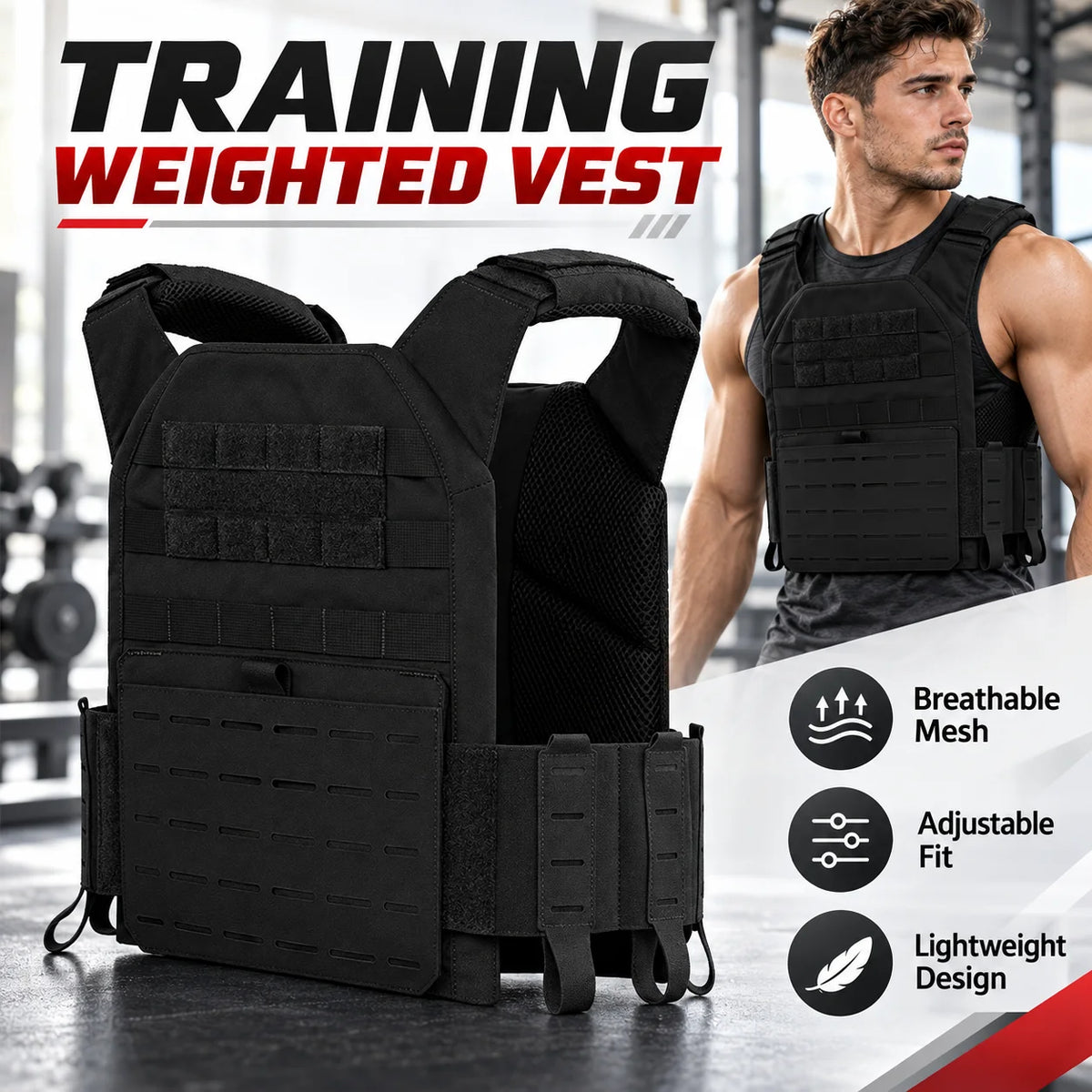 Adjustable Weighted Training Vest Breathable Fitness Workout Vest with Weight Plate Pockets for Gym Running Strength Training