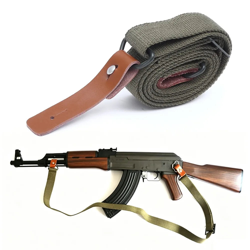 Tactical Rifle Sling Canvas Leather AK47 AK74 Sling Adjustable Gun Strap with Leather Ends for Hunting Shooting