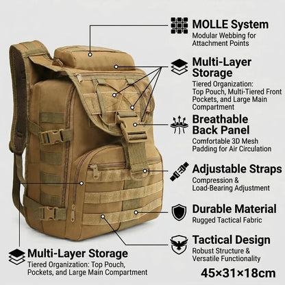 35L Hunting Rucksack for Men with MOLLE External System & Top Latch Closure, Durable Outdoor Backpack for Deer Elk Archery Survival Gear Storage