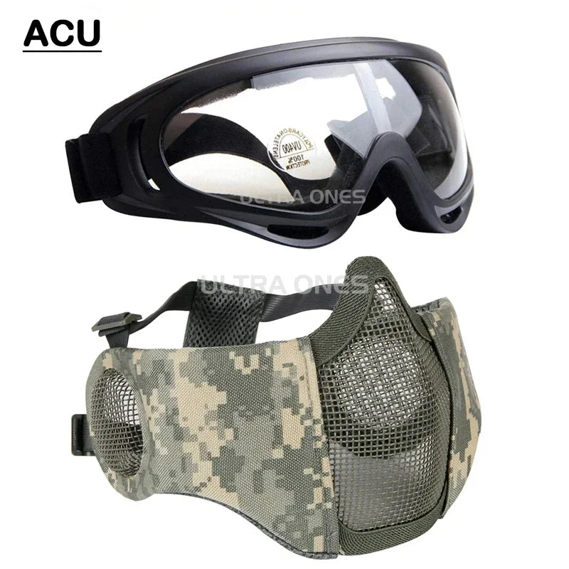Tactical Airsoft Mask + Goggles Set Half Face Mesh Mask with Ear Cover Paintball Shooting CS Survival Games Cosplay
