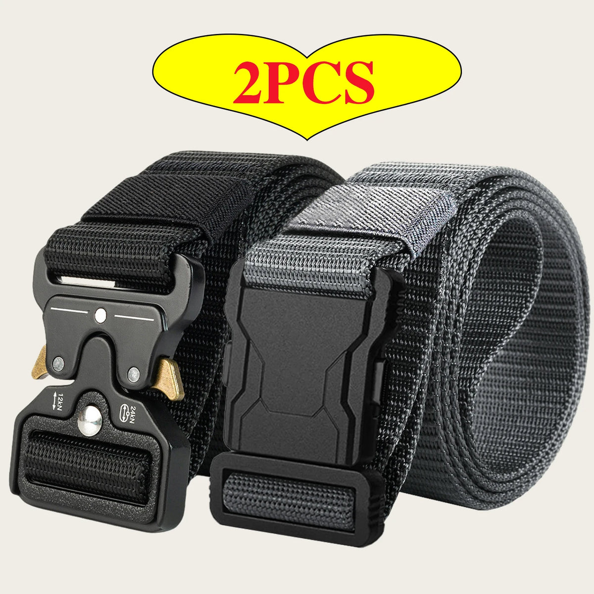 2‑Pack Tactical Nylon Belts, Quick Release Buckle Men's Outdoor Waist Belt, Versatile Casual Work Canvas Trouser Belt