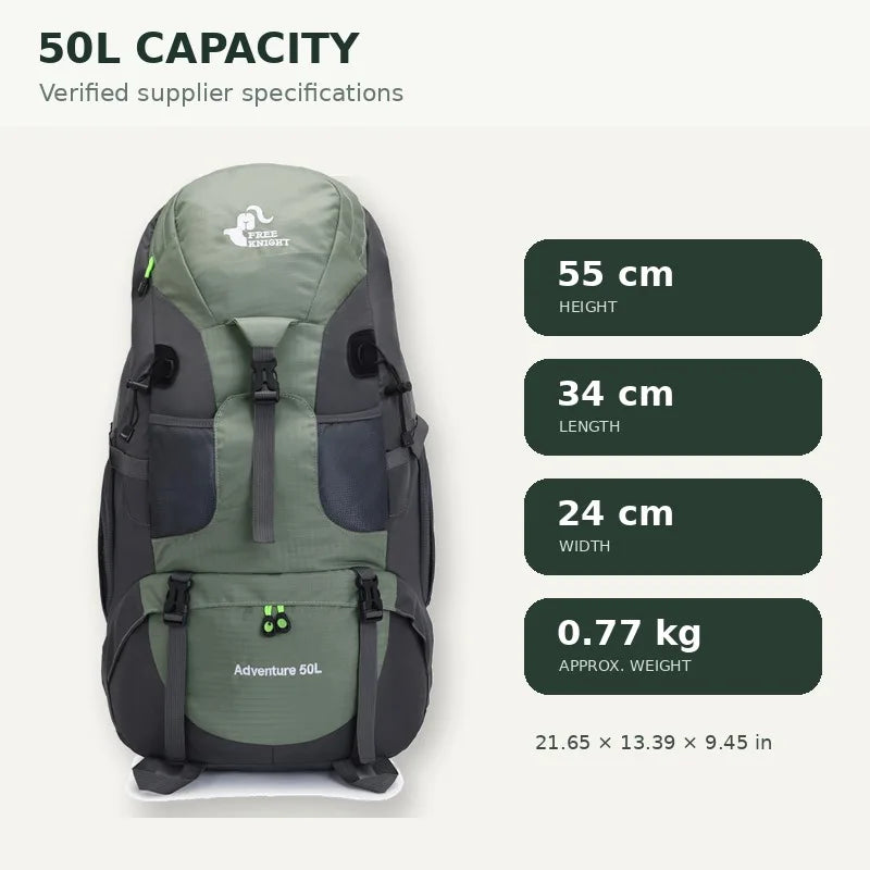 50L Hiking Backpack Water-Resistant Trekking Rucksack with Shoe Compartment Breathable Support for Camping Travel