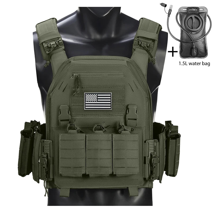 Outdoor camouflage vest with modular pockets and 1.5-liter water bag, suitable for hiking and exploration