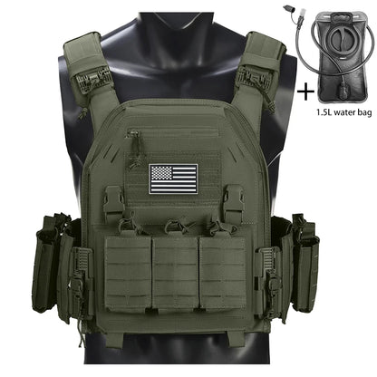 Outdoor camouflage vest with modular pockets and 1.5-liter water bag, suitable for hiking and exploration