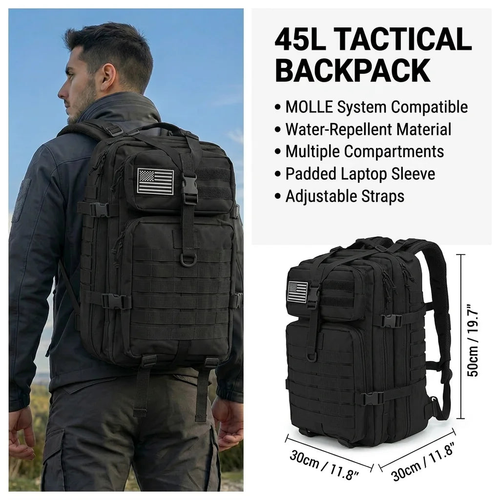 45L Tactical Hunting Backpack Molle Camo Water Resistant Outdoor Field Bag Camping Hiking Trekking Bushcraft Survival Bug Out Bag Large Capacity Rucksack Daypack Men Women Hunters Durable Wear Resistant Heavy Duty Multi Pocket Trail Wilderness Hunting