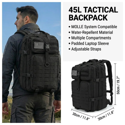 45L Tactical Hunting Backpack Molle Camo Water Resistant Outdoor Field Bag Camping Hiking Trekking Bushcraft Survival Bug Out Bag Large Capacity Rucksack Daypack Men Women Hunters Durable Wear Resistant Heavy Duty Multi Pocket Trail Wilderness Hunting