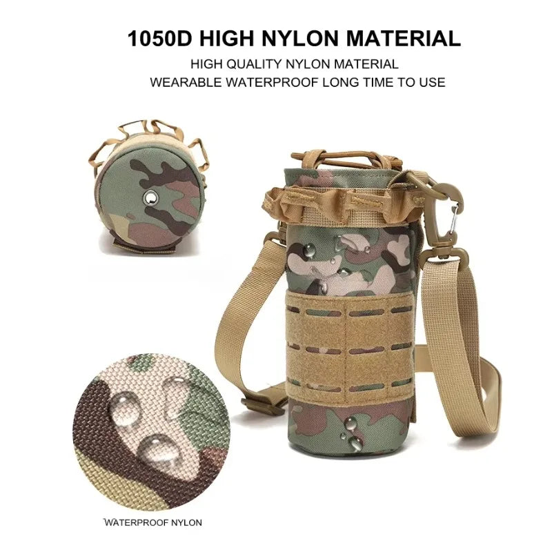 Tactical Molle Water Bottle Pouch Bag with Rawstring Open Top Shoulder Strap Camping Hiking Water Bottle Pouch Hydration Carrier
