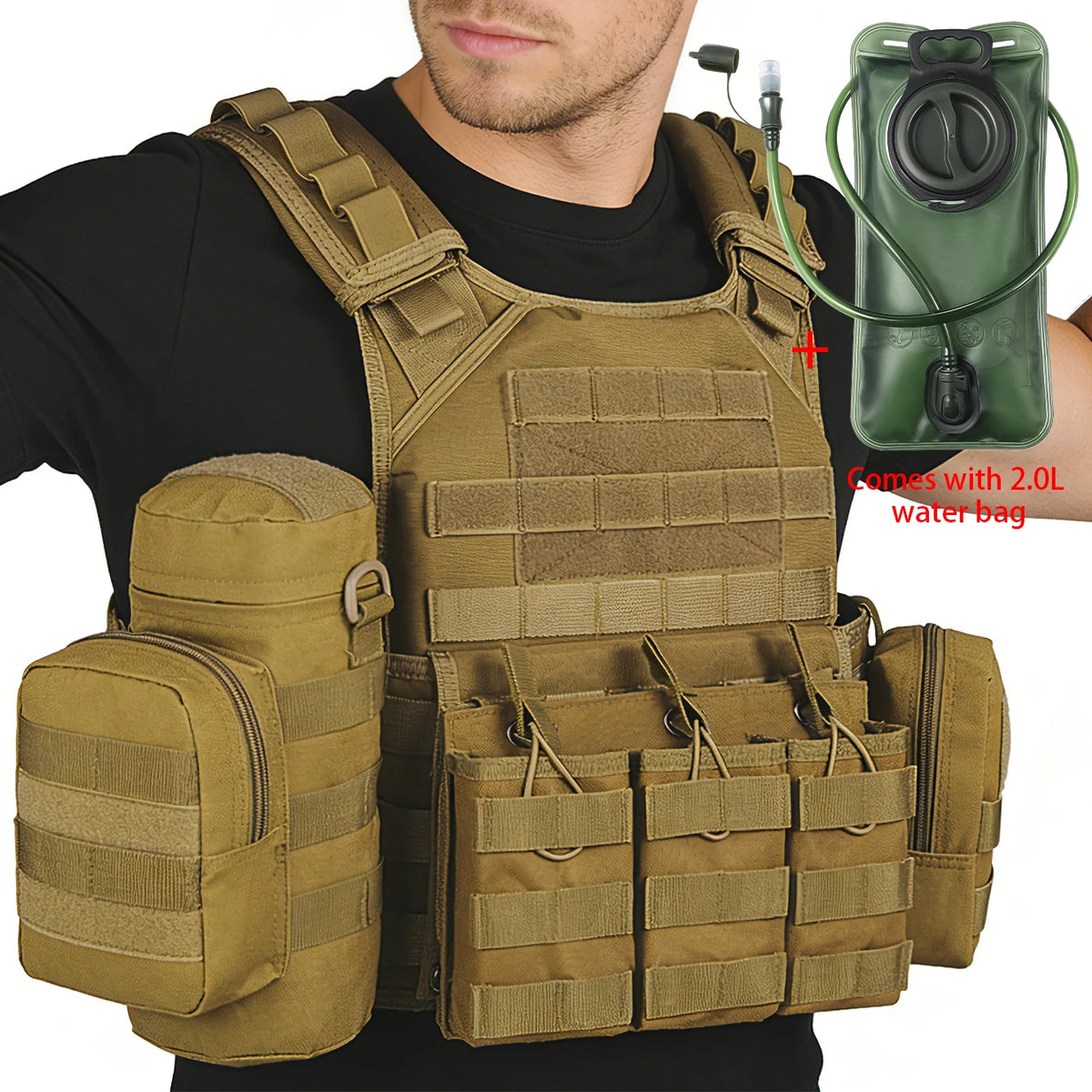 2L soft water bag with long drinking straw and hunting vest Molle modular adjustable shoulder strap, highly expandable