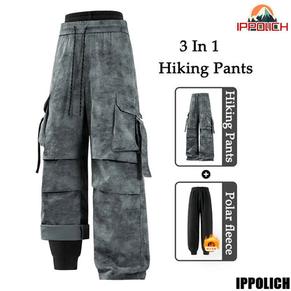 Winter Hiking Pants Male 3 In 1 Fleece Tie Dye Waterproof Climbing Camping Sports Pants Warm Removable Windproof Skiing Trousers