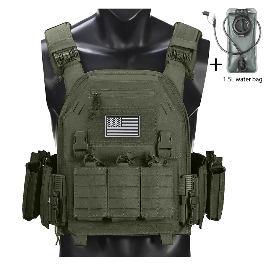 Outdoor camouflage vest with modular pockets and 1.5-liter water bag, suitable for hiking and exploration