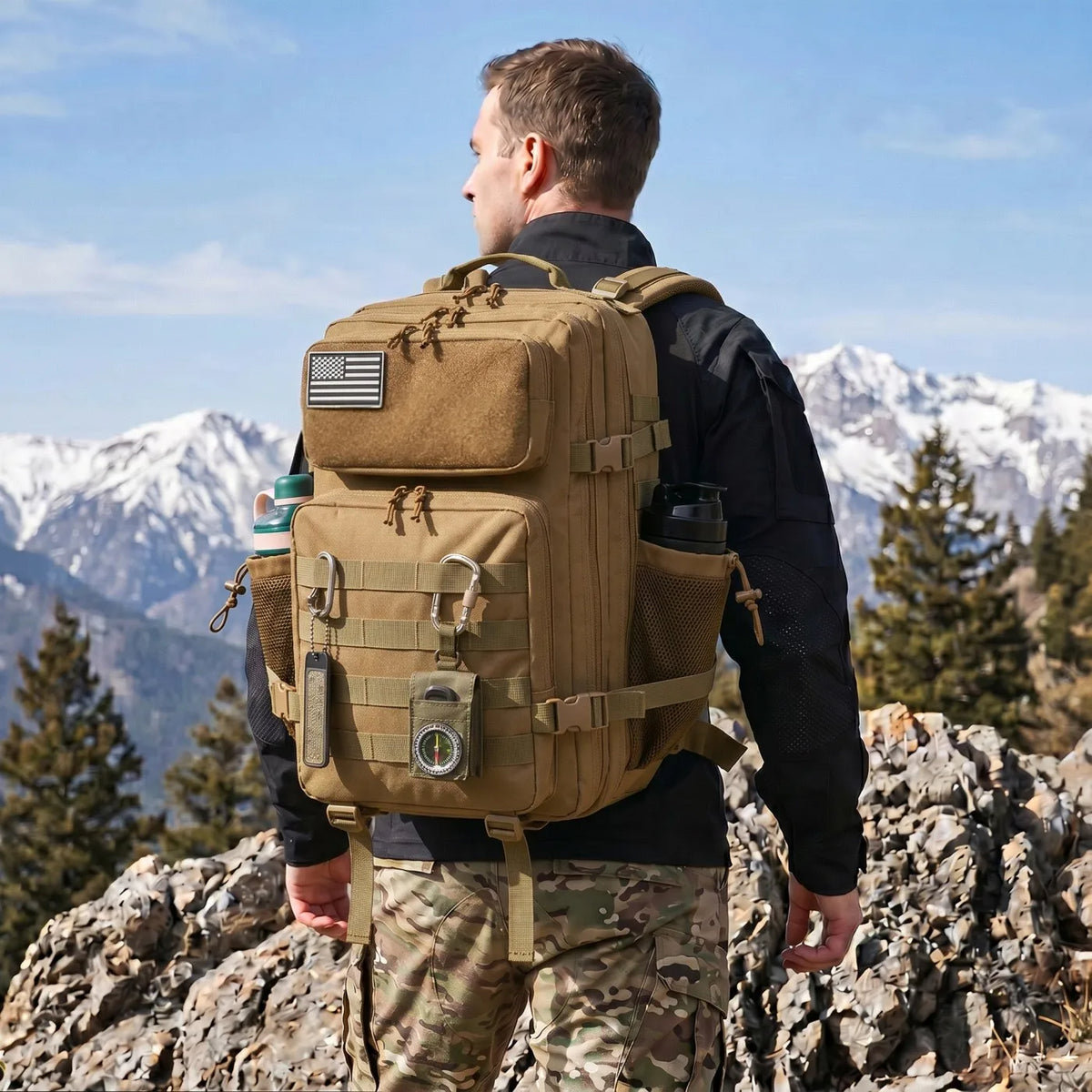 45L Large Tactical Hunting Backpack Shooting Rucksack with Dual Water Bottle Holders Outdoor Camo Hunting Gear Storage Backpack Survival Equipment Bag for Wild Shooting Hunting Trip Hiking Trekking Travel Sports EDC Daily Use Unisex Hunter Daypack