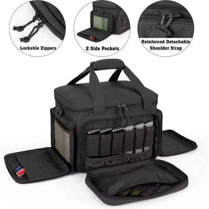 Tactical Gun Range Bag EDC Shoulder Bag Pistol Shooting Range Bag Hunting Carrying Case for 4 Handguns with 6 Magazine Slots