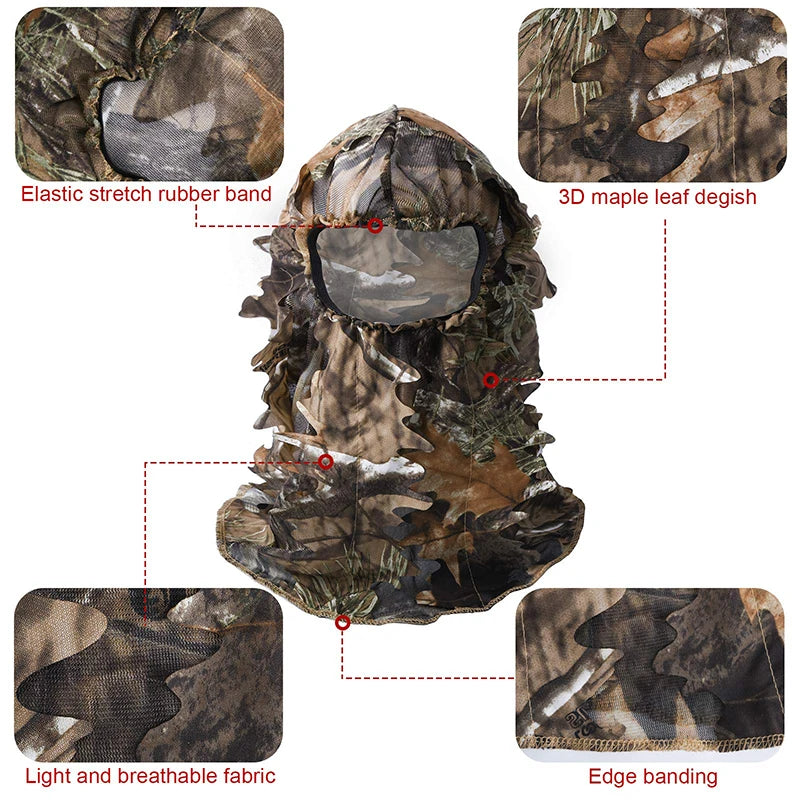 3D Full Face Mask Headwear Camouflage Biomimetic Tree Hunting Headwear Outdoor Bird Watching Night Fishing Hat Camo Headgear
