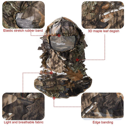 3D Full Face Mask Headwear Camouflage Biomimetic Tree Hunting Headwear Outdoor Bird Watching Night Fishing Hat Camo Headgear