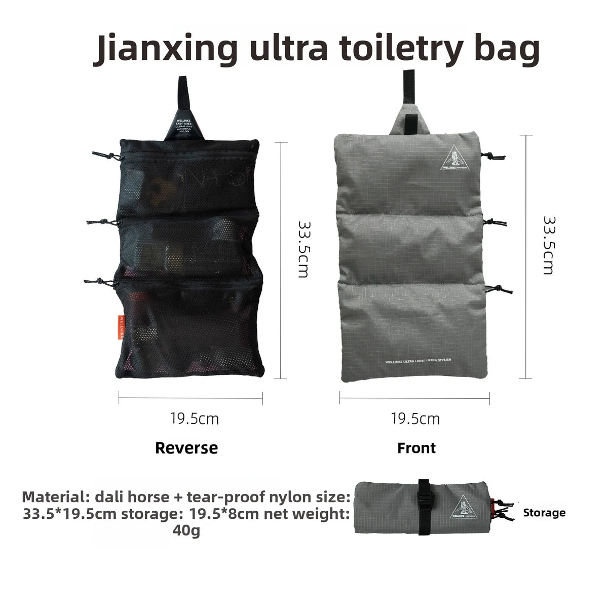 Ultra Light UHMWPE Ripstop Nylon Roll Up Toiletry Bag 3Mesh Pockets Waterproof Travel Cosmetic Storage Pouch for Camping Hiking