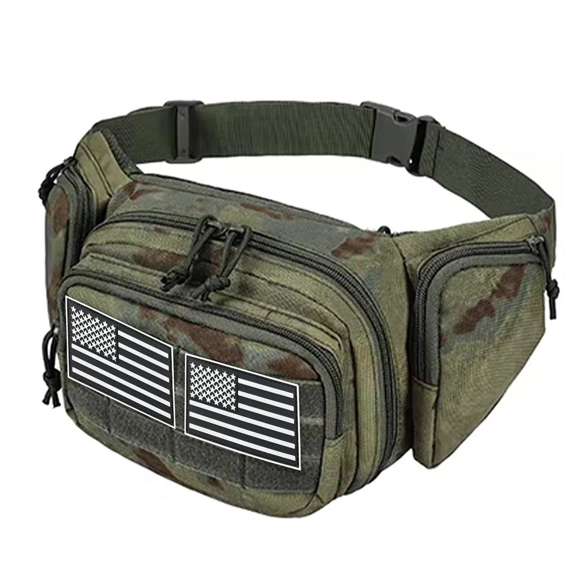 Multi pocket waist bag with adjustable waistband, breathable back, and Magic Sticky for hiking and hunting trips