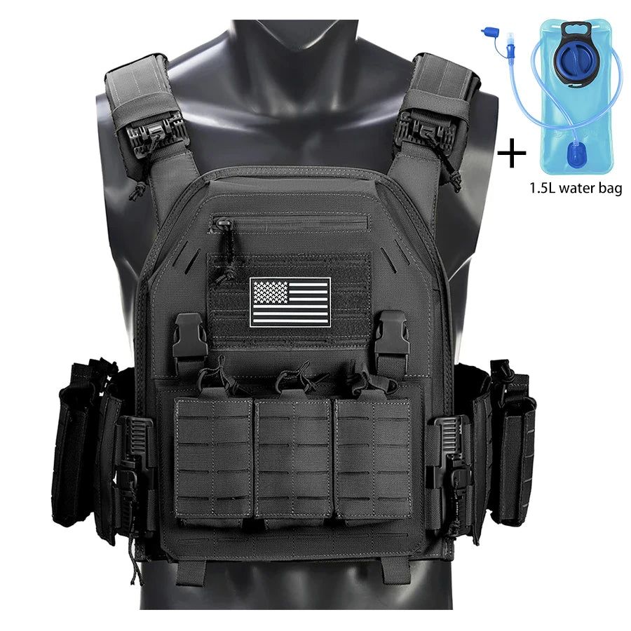 Outdoor camouflage vest with modular pockets and 1.5-liter water bag, suitable for hiking and exploration