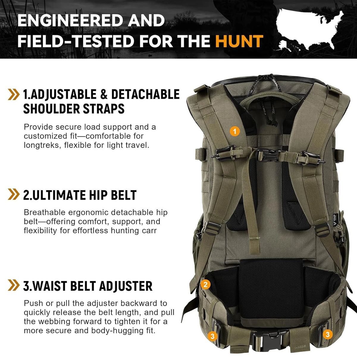 VOTAGOO Hunting Backpack with Rifle Bow Carry System Customizable Aluminum Frame 2000ci for Waterfowl Deer Hunting Outdoor