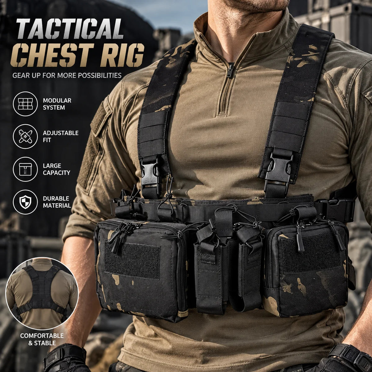 Tactical Chest Rig MOLLE Camo Vest, Adjustable Multi-Function Harness, Outdoor Wargame Training Camouflage Vest