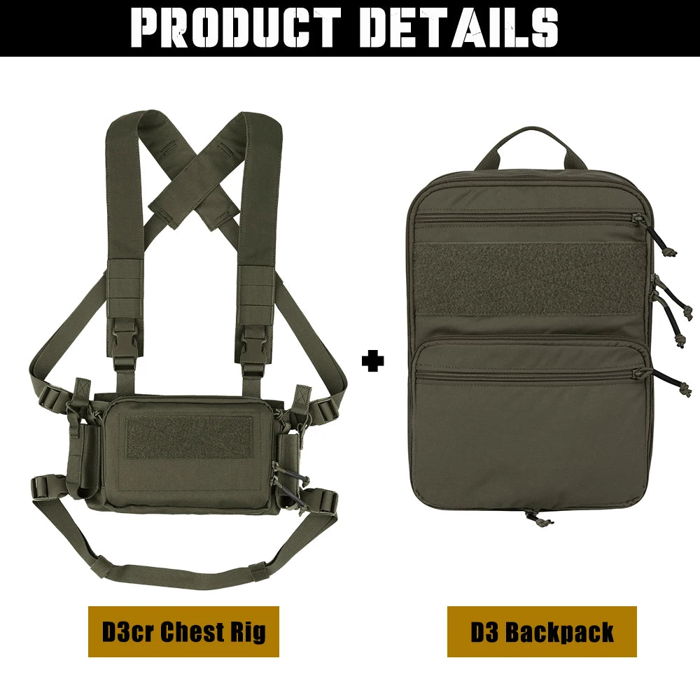 KRYDEX Tactical D3CR Chest Rig Vest with D3 Flatpack Backpack Bag Rifle Pistol Mag Pouch Hunting Airsoft Accessory Ranger Green