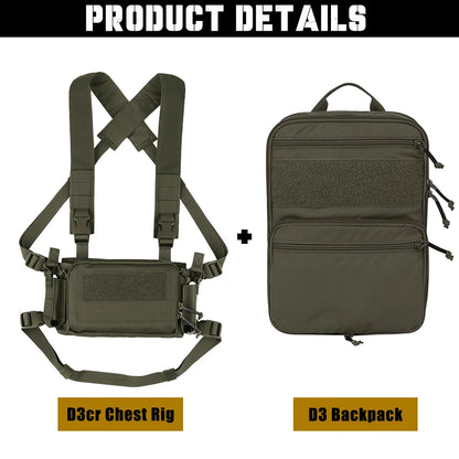 KRYDEX Tactical D3CR Chest Rig Vest with D3 Flatpack Backpack Bag Rifle Pistol Mag Pouch Hunting Airsoft Accessory Ranger Green