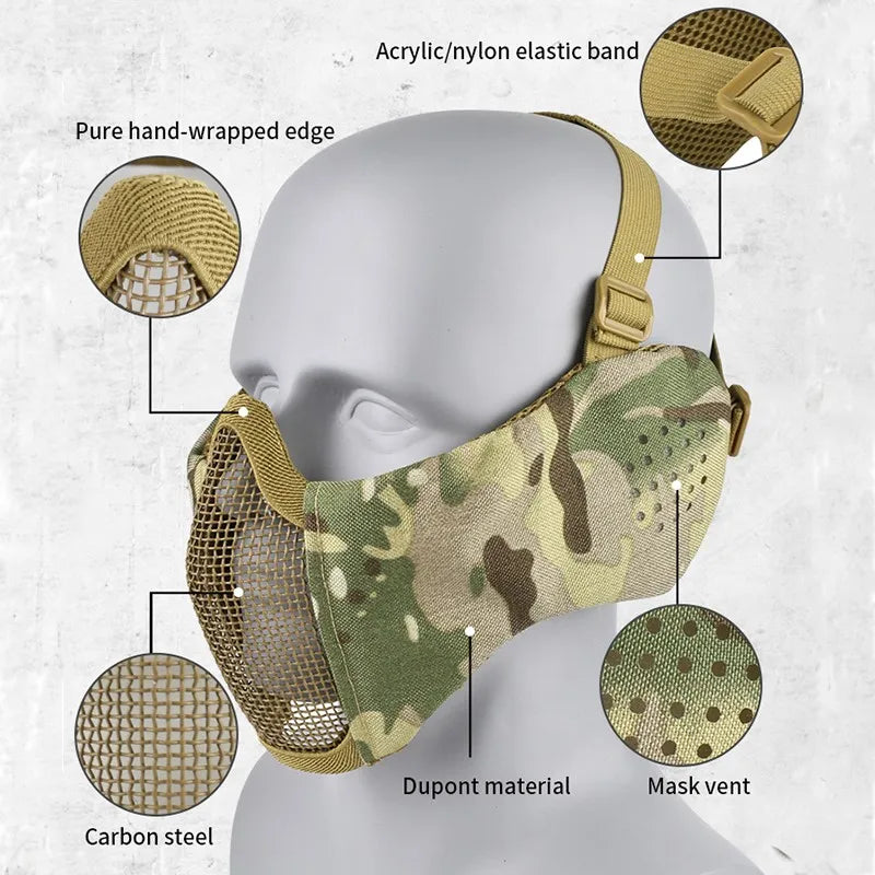 Hunting Foldable Mesh Mask With Ear Protection Airsoft Half Face Paintball Shooting Tactical CS Wargame Face Protective Mask