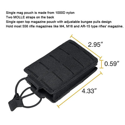 Tactical 556mm Mag Pouch Single Magazine Bag Open-Top MOLLE Bag for M4 M14 M16 AR-15 5.56MM Rifle Magazines