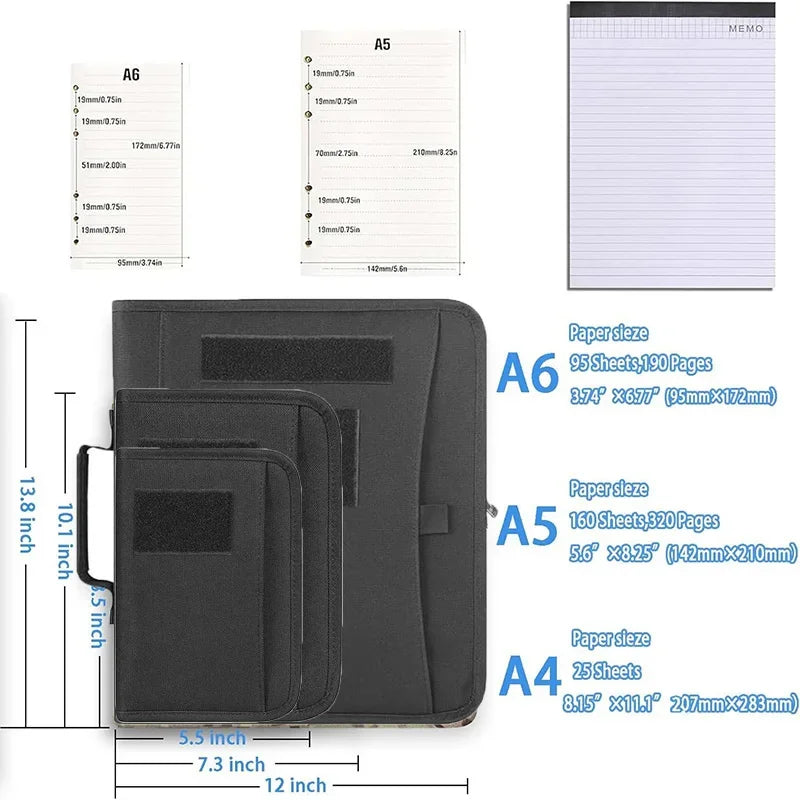 Tactical Padfolio Ring Binder with A4 A5 A6 Sheets of Loose-Leaf Paper Military Memorandum A5 Weatherproof Outdoor Notebook