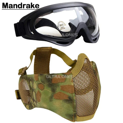Tactical Airsoft Mask + Goggles Set Half Face Mesh Mask with Ear Cover Paintball Shooting CS Survival Games Cosplay