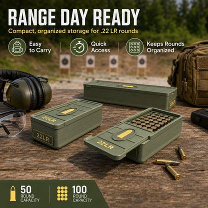 22 LR ammo drawer box, holds 50/100 rounds; made of durable plastic, portable and spill-proof.