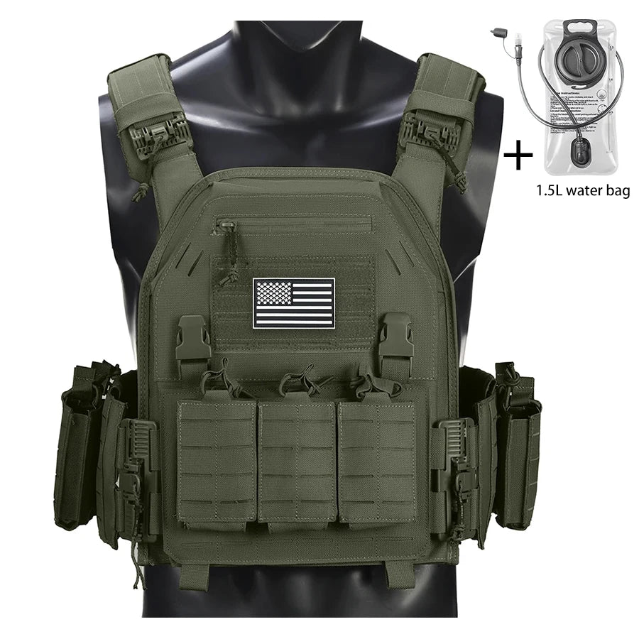Outdoor camouflage vest with modular pockets and 1.5-liter water bag, suitable for hiking and exploration