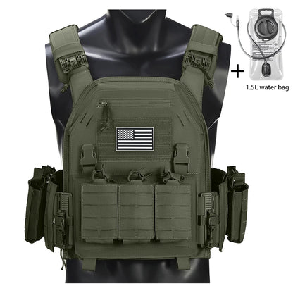 Outdoor camouflage vest with modular pockets and 1.5-liter water bag, suitable for hiking and exploration