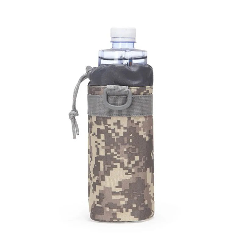 Outdoor Water Bottle Pouch Tactical Camouflage Molle Kettle Pouch Holder Hiking Hunting Pulling Rope Multi functional Bottle Bag