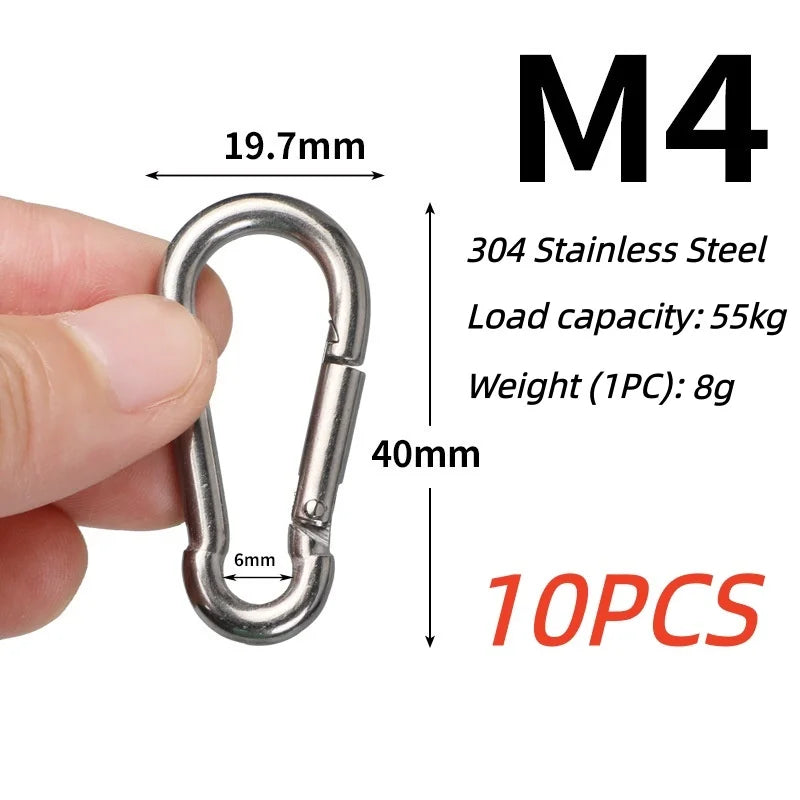 10PCS 304 Stainless Steel Carabiners,Rustproof Heavy Duty Spring Snap Hook,Metal Clips Buckle For Rope Chain Keys Rings