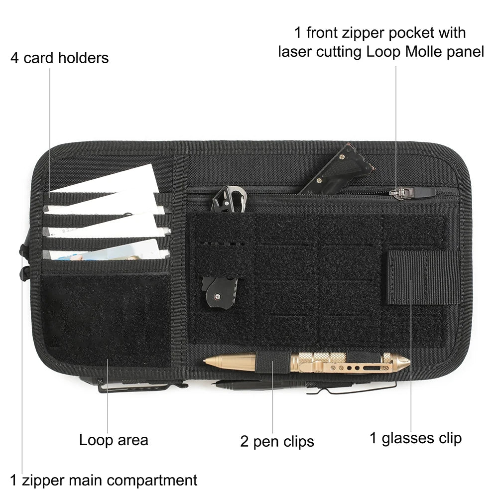 Tactical Car Visor Organizer with Molle Panel Sunglasses Holder Zipper Pockets Car Sunshade Storage Clip for Truck Car Accessory
