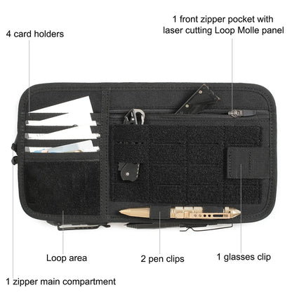 Tactical Car Visor Organizer with Molle Panel Sunglasses Holder Zipper Pockets Car Sunshade Storage Clip for Truck Car Accessory