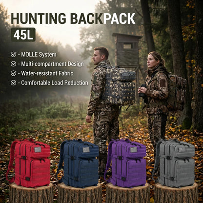 45L Tactical Hunting Backpack Molle Storage Bag Large Capacity Multi Pocket Wear Resistant Outdoor Hunting Gear Rucksack Durable Wild Shooting Daypack For Men Women Hunters Bushcraft Wilderness Trekking Camping Luggage Bag