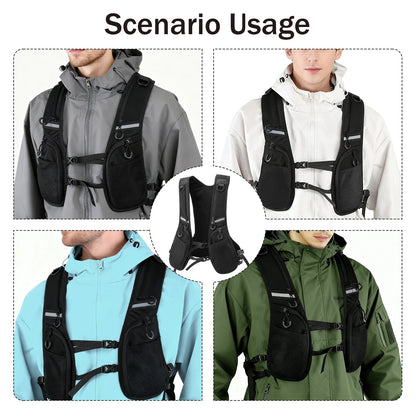Black jacket vest with multiple pockets, quick release buckle for adjustable waist, outdoor sports reflective tape