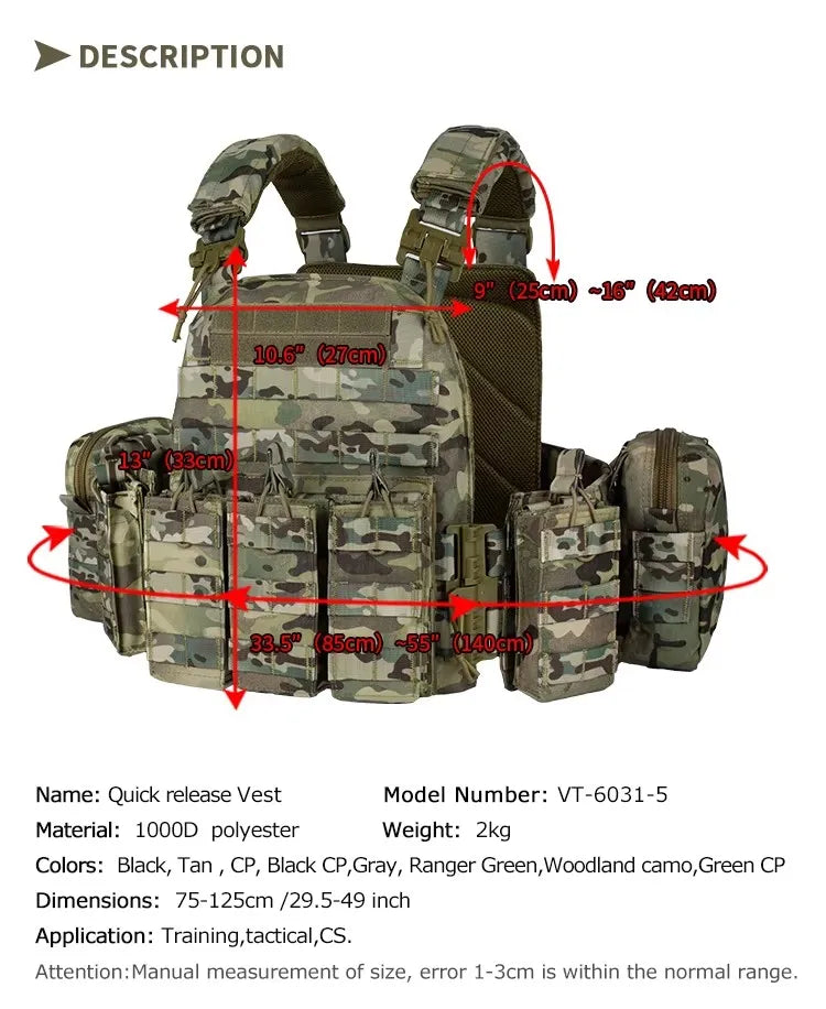 YAKEDA Tactical Vest 6094 Fast Detachable Light Laser Cut Outdoor Hunting Black Gear Carry Vest of High Quality