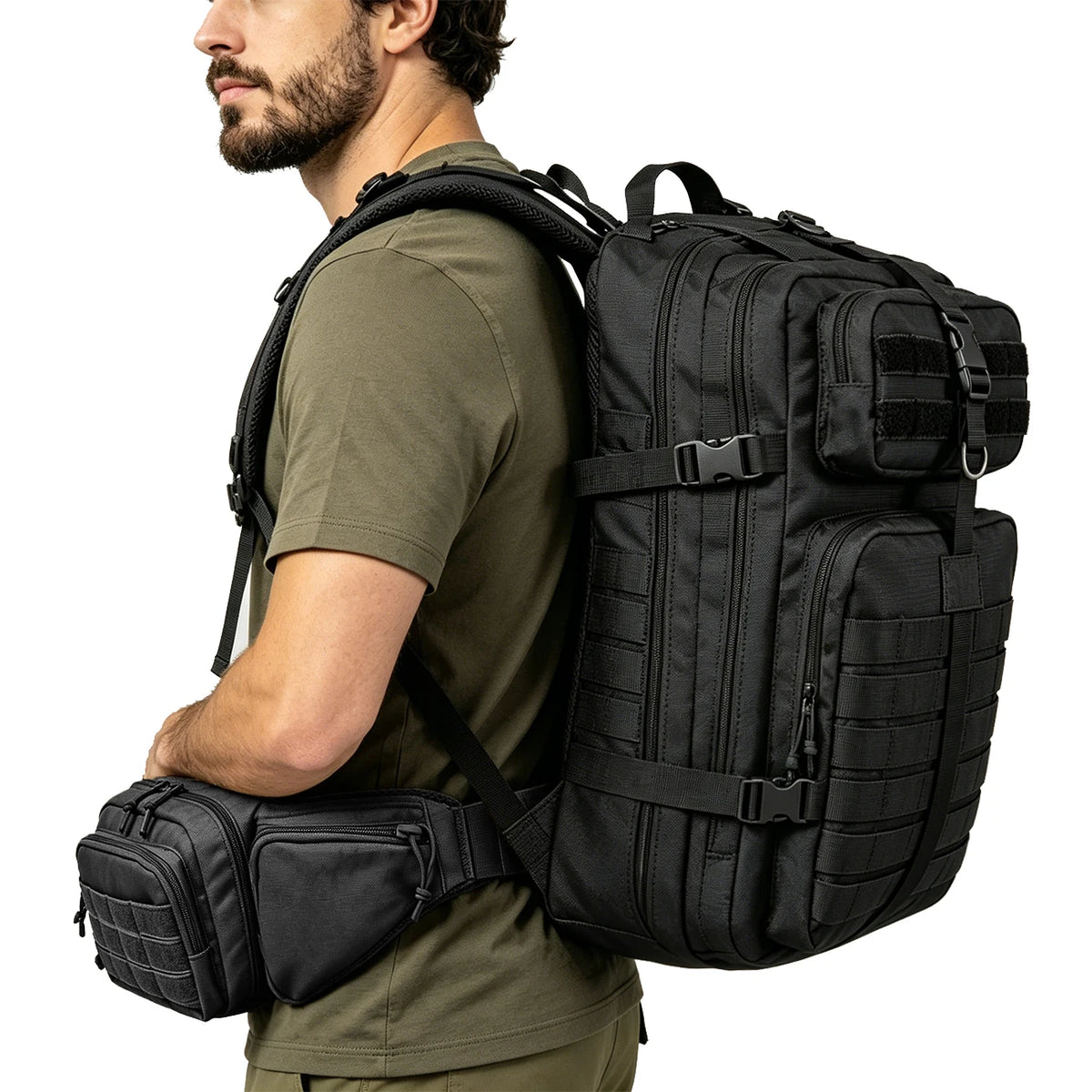 Large capacity backpack+multifunctional waist pack, can be used separately or combined for partition storage