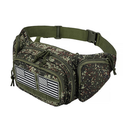 Multi pocket waist bag with adjustable waistband, breathable back, and Magic Sticky for hiking and hunting trips