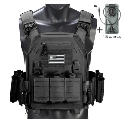 Outdoor camouflage vest with modular pockets and 1.5-liter water bag, suitable for hiking and exploration