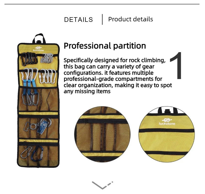 Foldable Rock Climbing Gear Storage Bag 420DNylon Waterproof Organizer with Mesh Pockets for Carabiner Outdoor Camping Equipment