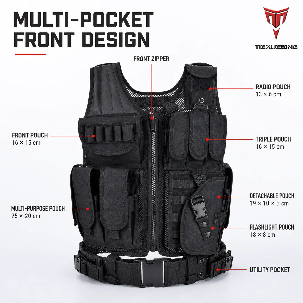 Tactical MOLLE Vest 1000D Breathable Adjustable Multi Pocket Gear Carrier for Cycling Airsoft Hunting Outdoor Training