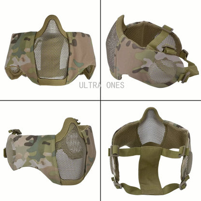 Tactical Airsoft Mask + Goggles Set Half Face Mesh Mask with Ear Cover Paintball Shooting CS Survival Games Cosplay