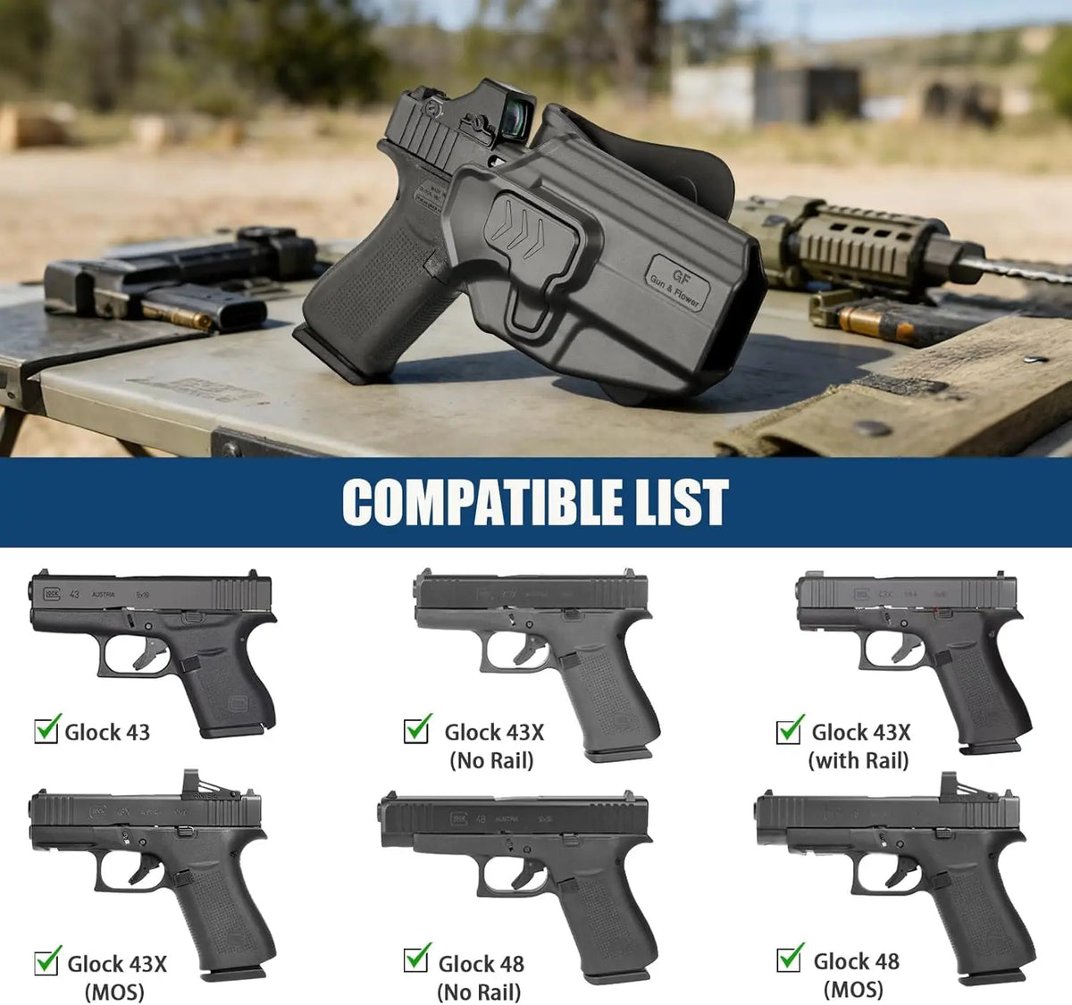 OWB Holster for Glock 43 43X 48 (MOS & Rail Versions),Also Fit G43X MOS,Level II Retention Outside Waistband Holster,Right hand