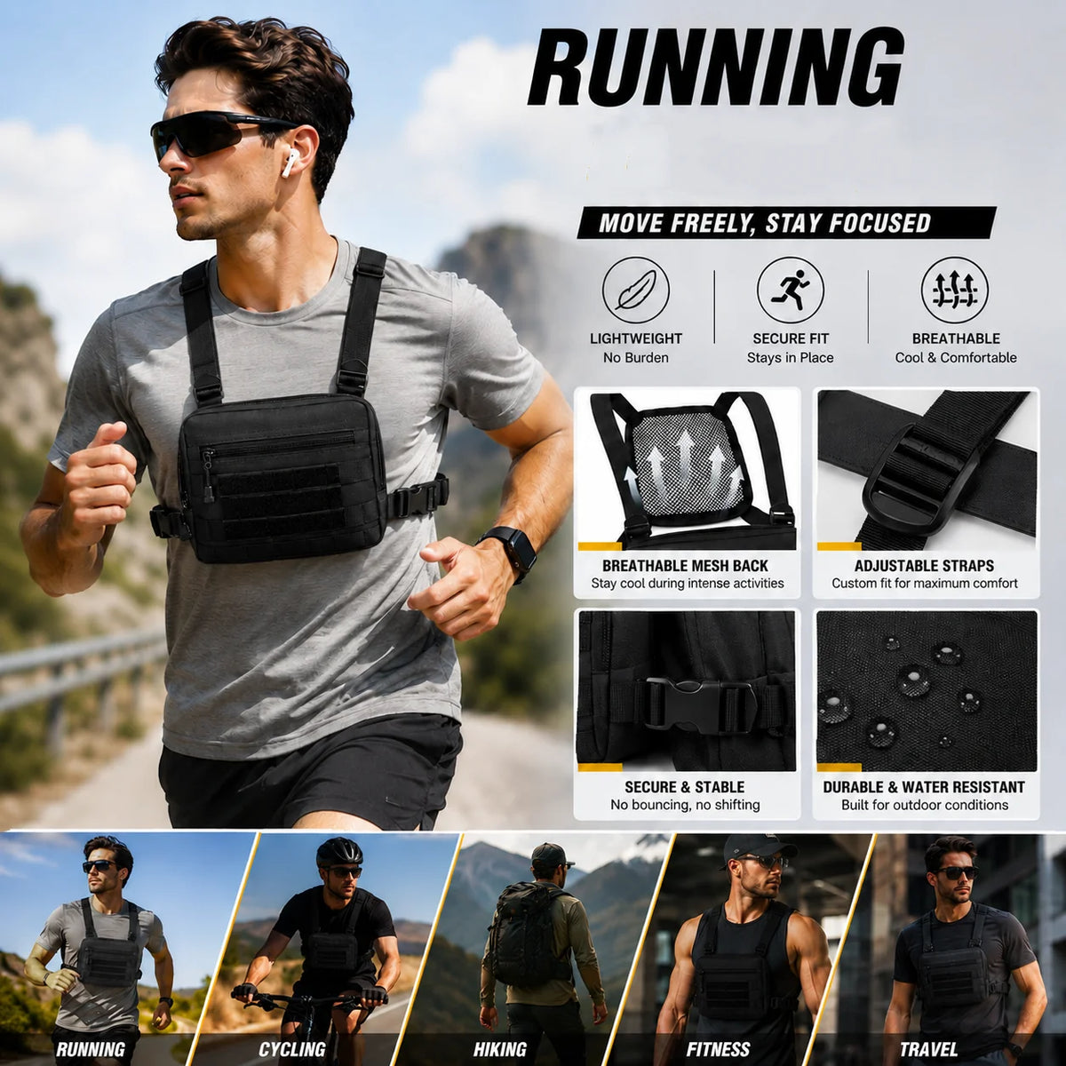 Outdoor Sports Chest Bag Motorcycle Bicycle Cycling Bag , Lightweight Molle Tactical Chest Bag for Running Hiking Fishing Travel