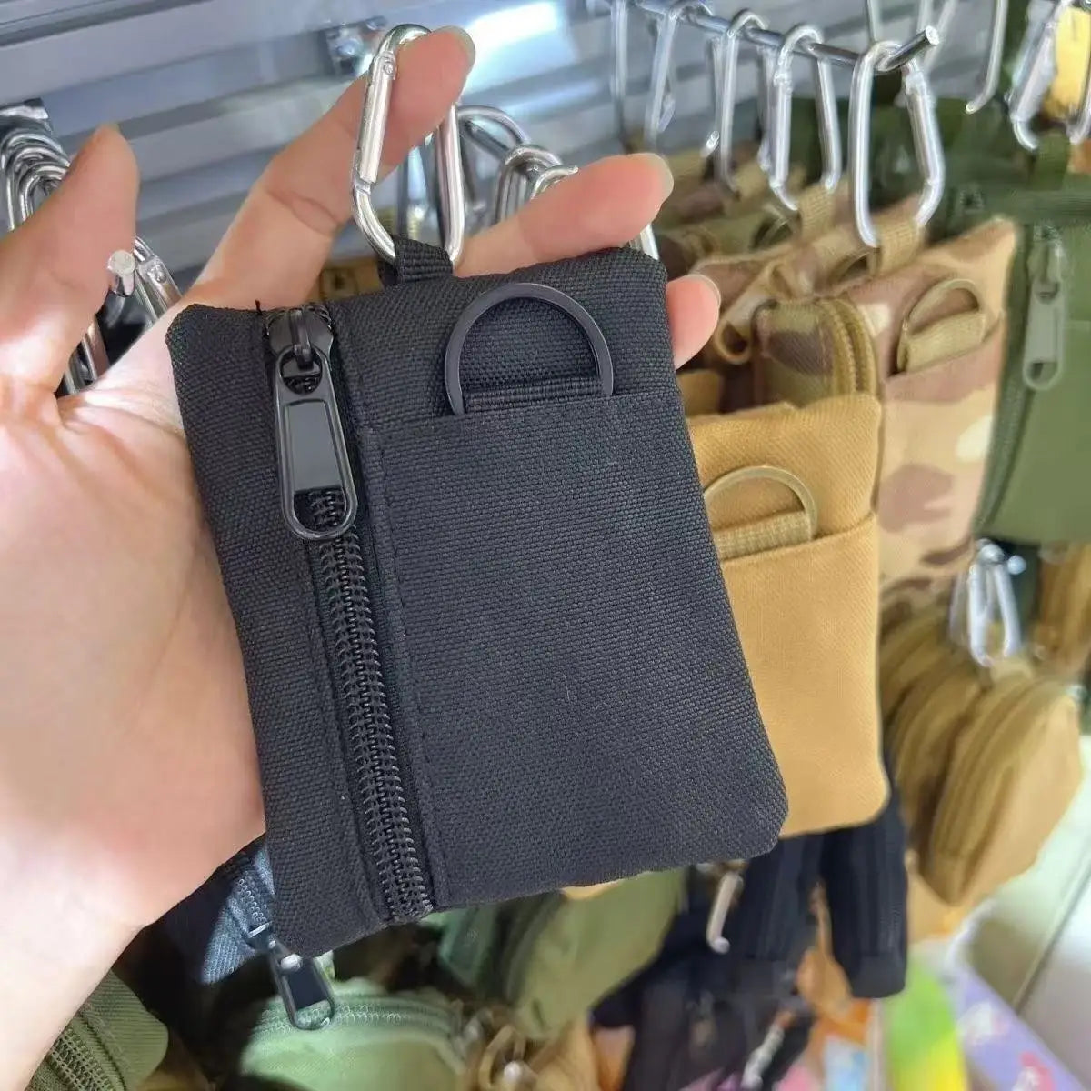 Mini Tactical Pouch EDC Organizer Bag 600D Nylon Coin Purse Key Card Holder with Carabiner for Camping Hiking Outdoor Daily Use