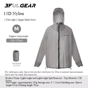 3F UL GEAR Lightweight Split Raincoat with Hooded Outdoor Rain Pants Hiking Sleeve Style Poncho Waterproof Women/Men 15D Nylon