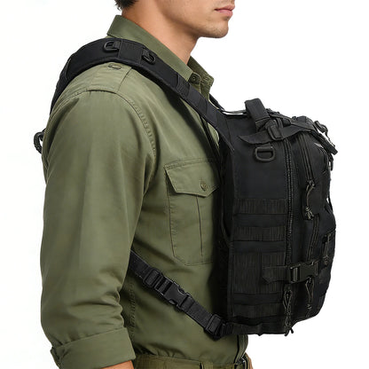 Large capacity shoulder crossbody bag and chest bag with multiple zipper compartments and MOLLE expansion system